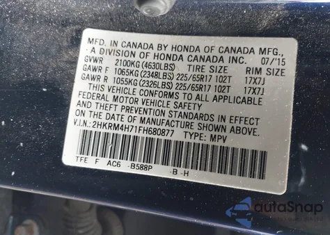 2015 Honda Cr-V Ex-L from USA, damaged, VIN 2HKRM4H71FH680877